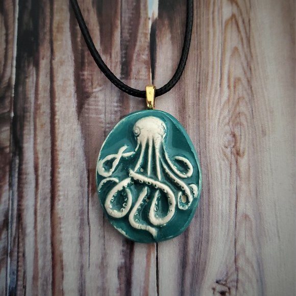 Handmade Ceramic Turquoise Octopus Kraken Pendant Necklace - Picture 12 of 14
